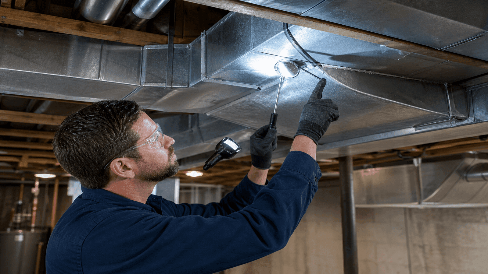 HVAC technician inspecting residential ductwork in a basement for air leaks and sizing issues