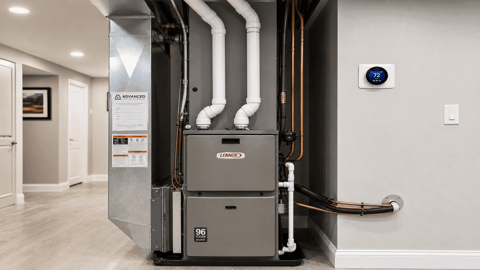 Completed high-efficiency HVAC system installation in a residential basement with furnace, coil, and smart thermostat
