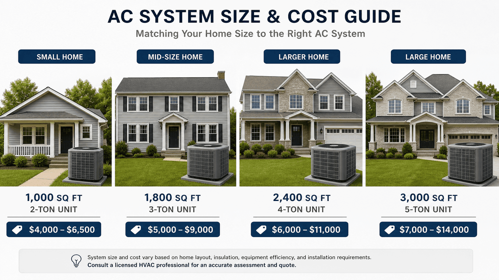 Side-by-side comparison of four homes from 1,000 to 3,000 square feet showing matching AC unit tonnage and installed cost range for each