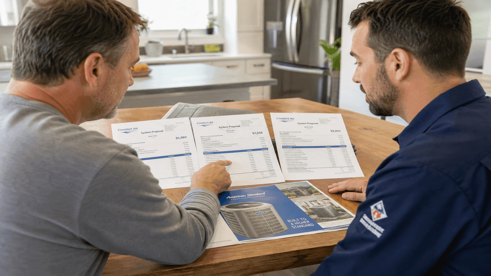 Homeowner and HVAC contractor reviewing printed AC replacement quotes side by side on a kitchen table with equipment brochures