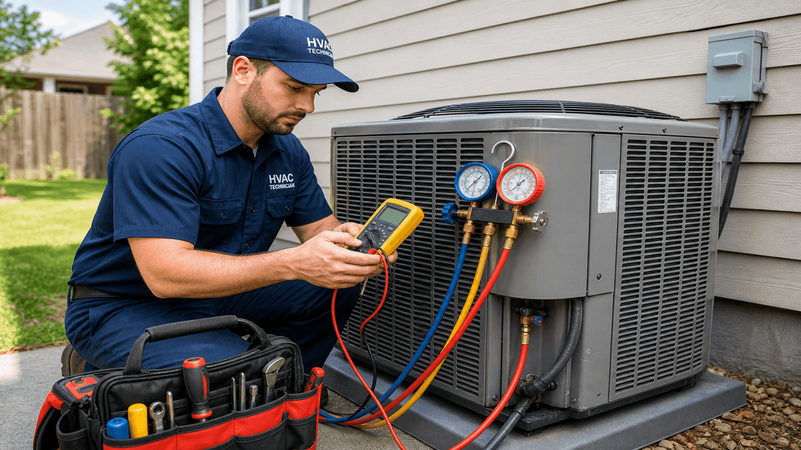Technician diagnosing an HVAC system with multimeter and gauges at a residential outdoor unit
