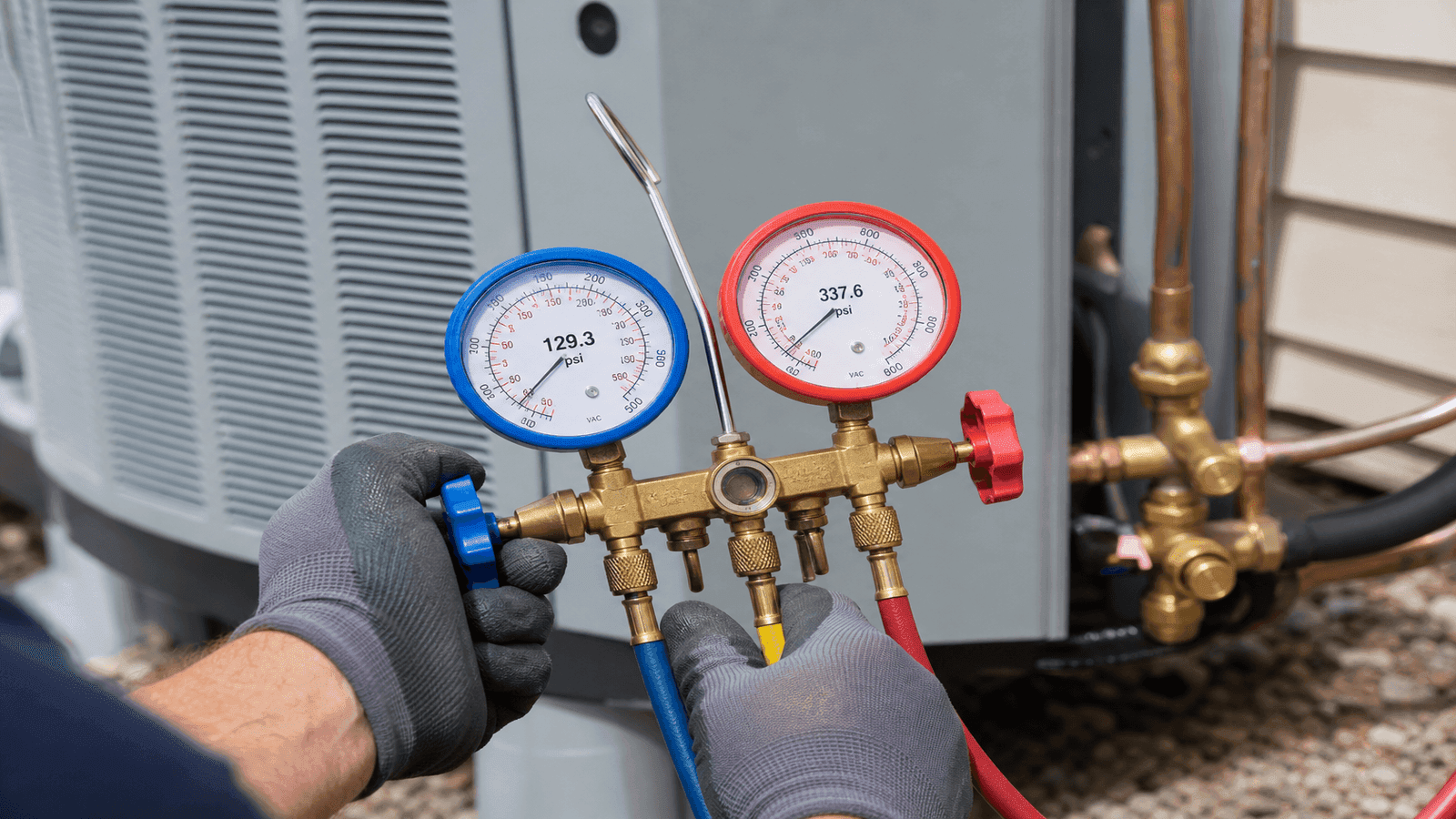 Close-up of HVAC technician checking refrigerant pressure gauges on a residential air conditioning unit