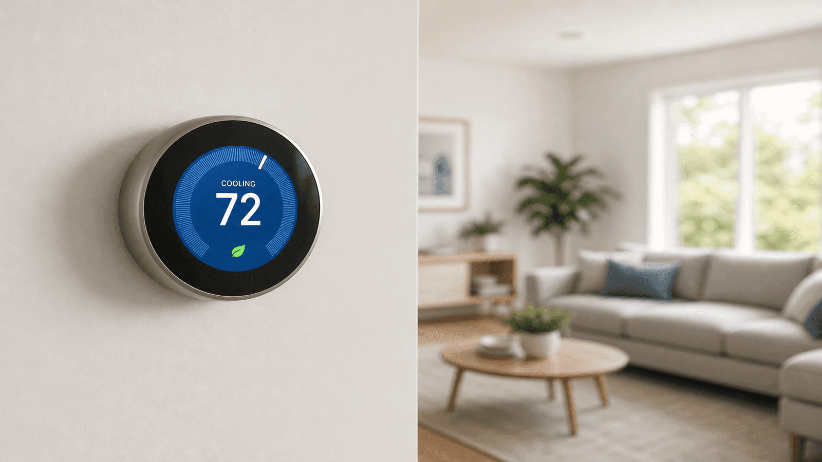 Smart thermostat mounted on a living room wall displaying temperature and energy usage data with a modern home interior in the background