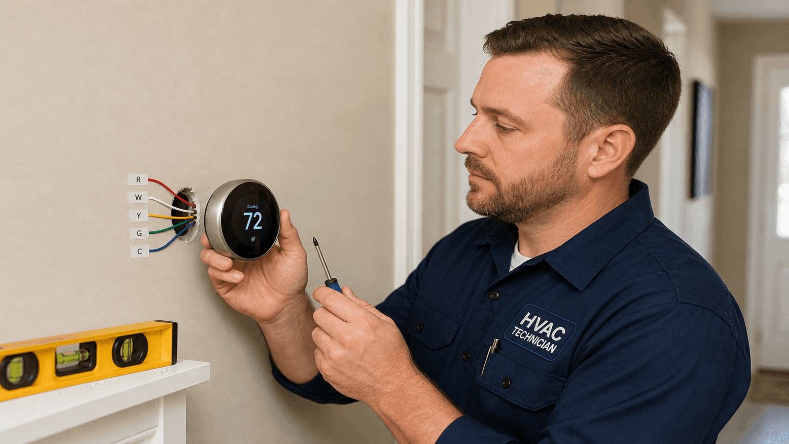 HVAC technician installing a smart thermostat on a wall with labeled low-voltage wires visible and the old thermostat baseplate removed