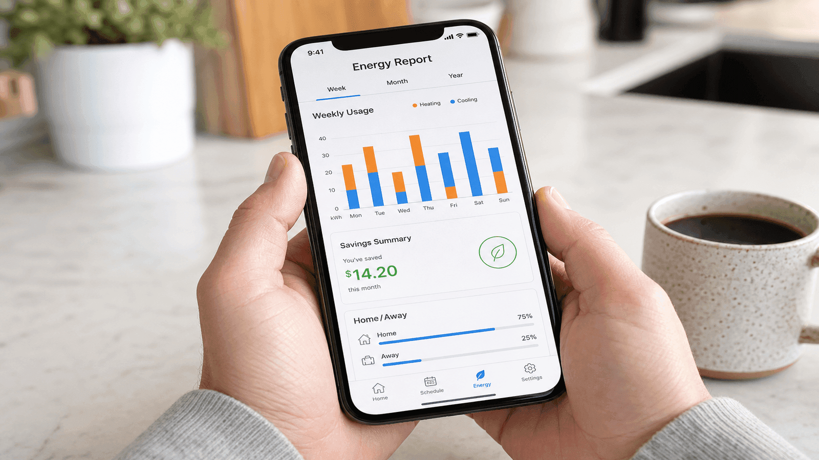 Homeowner using a smartphone app to view smart thermostat energy reports showing daily heating and cooling usage patterns and monthly savings data