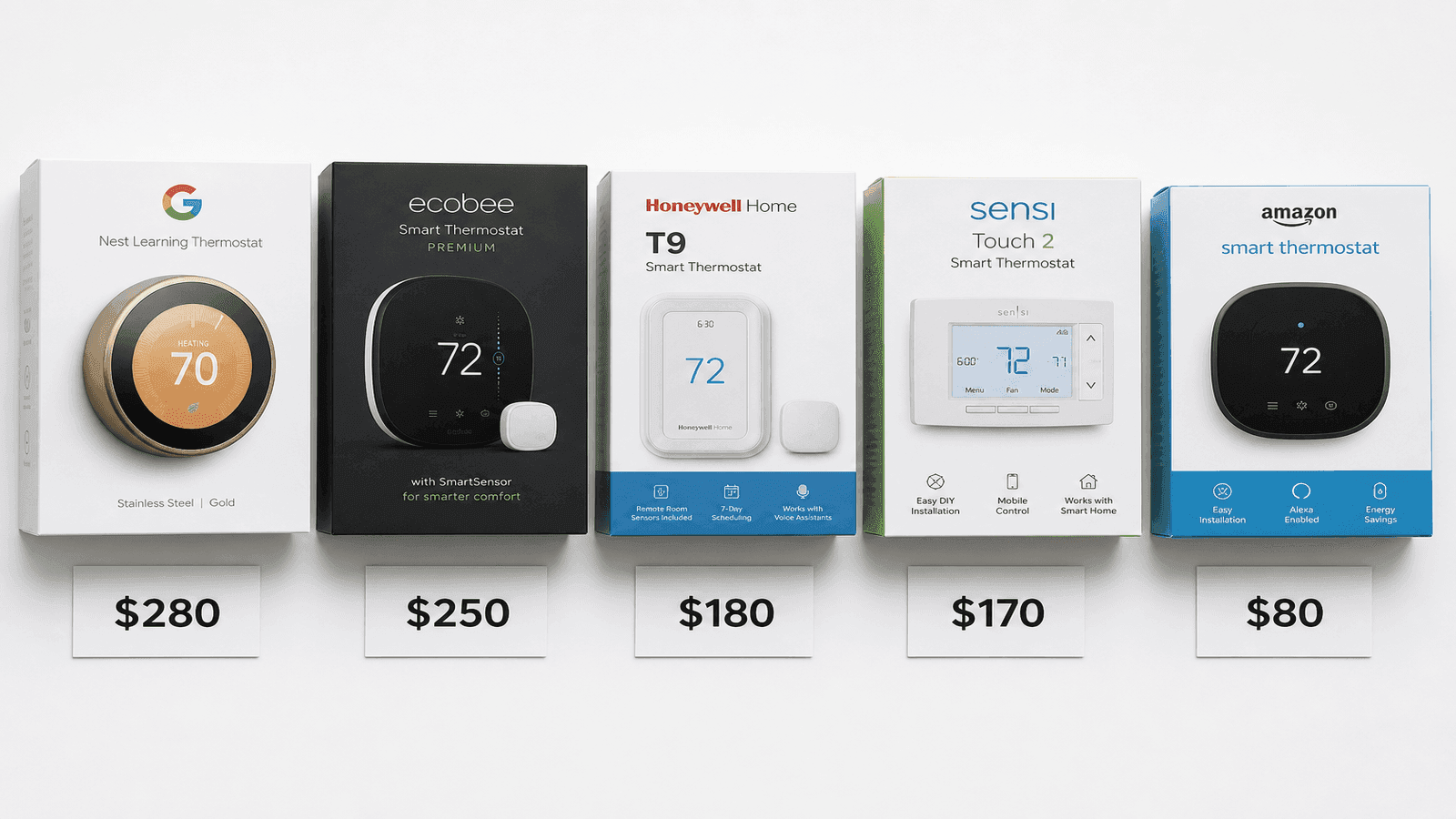 Overhead flat lay of five popular smart thermostat boxes from Nest Ecobee Honeywell Sensi and Amazon arranged on a white surface with price tags visible