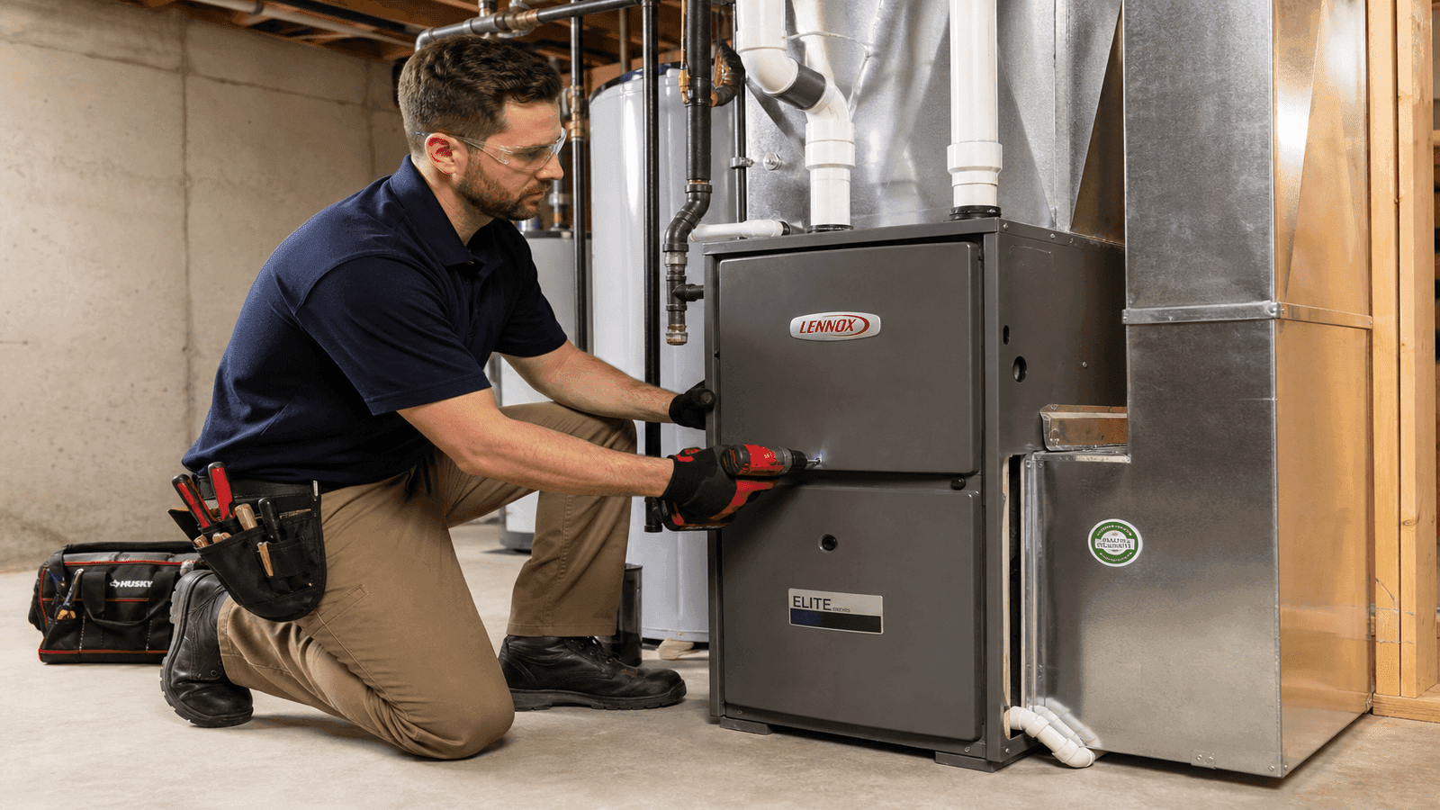 HVAC technician installing a new high-efficiency gas furnace in a residential basement utility room with ductwork connections visible