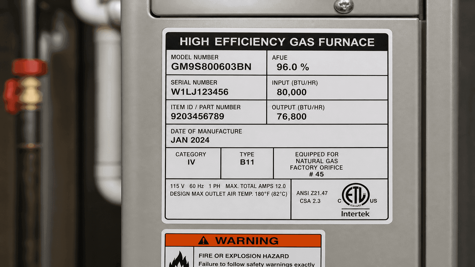 Close-up of a high-efficiency gas furnace nameplate showing AFUE rating, BTU input and output, and model specifications