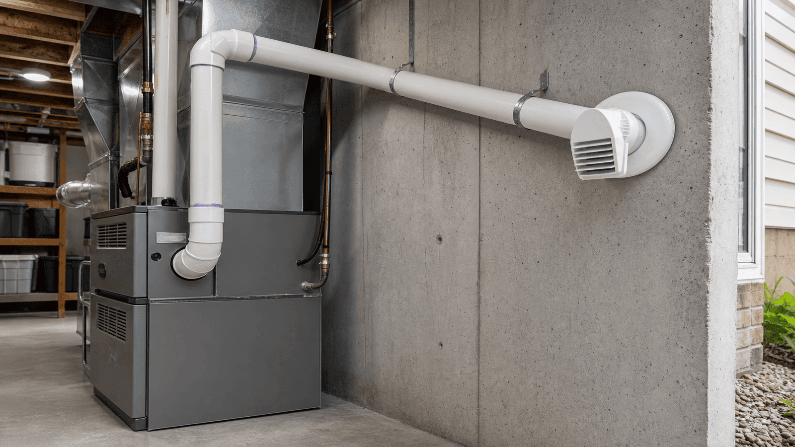 Residential furnace installation showing new PVC exhaust venting through a basement sidewall with proper slope and termination