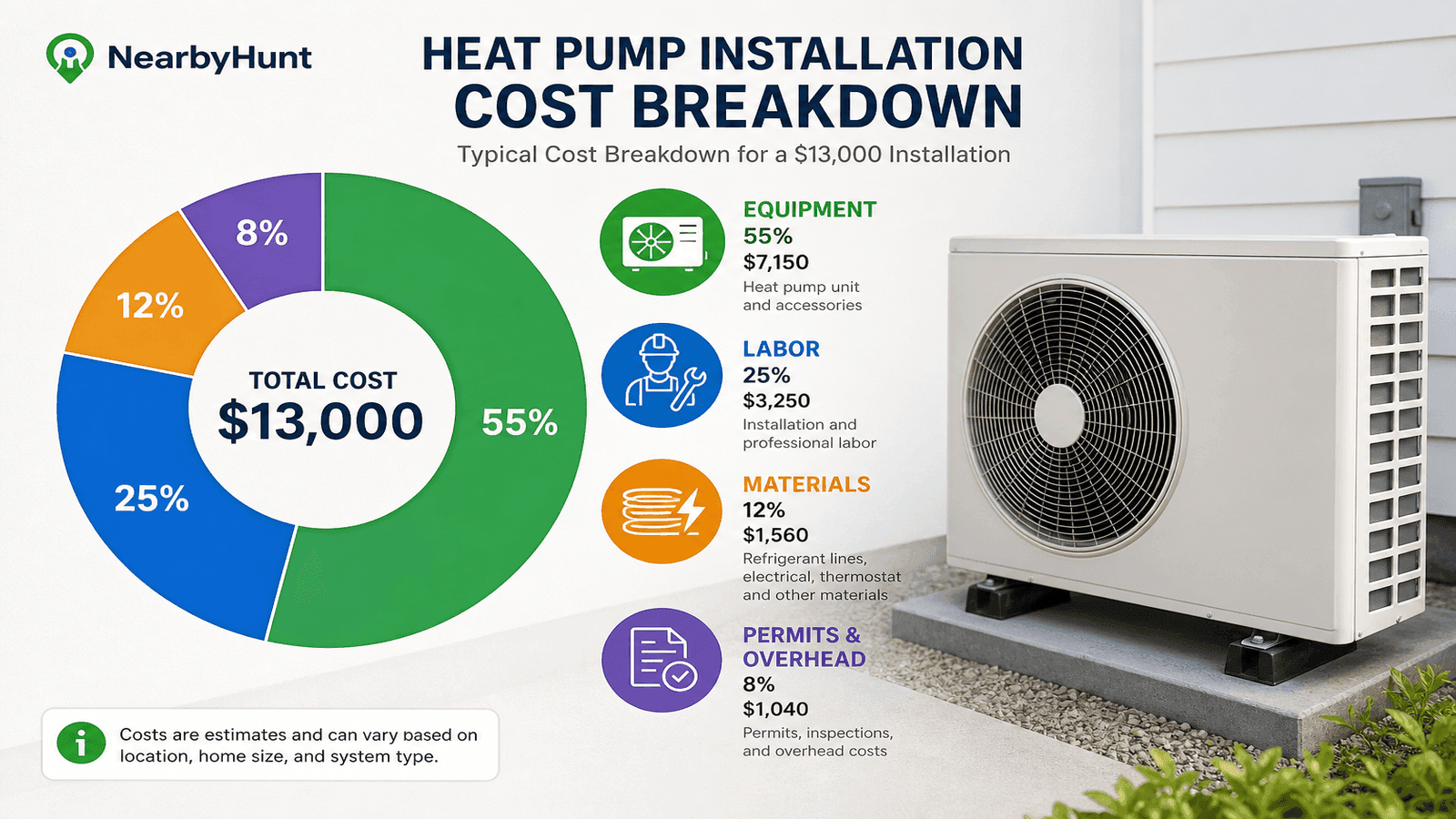 Breakdown of heat pump installation cost components showing equipment, labor, materials, and permits