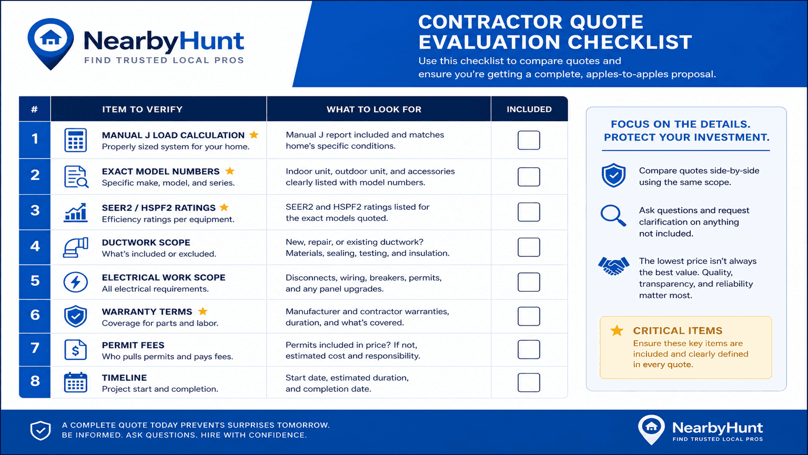 Checklist for evaluating heat pump contractor quotes with key items to compare