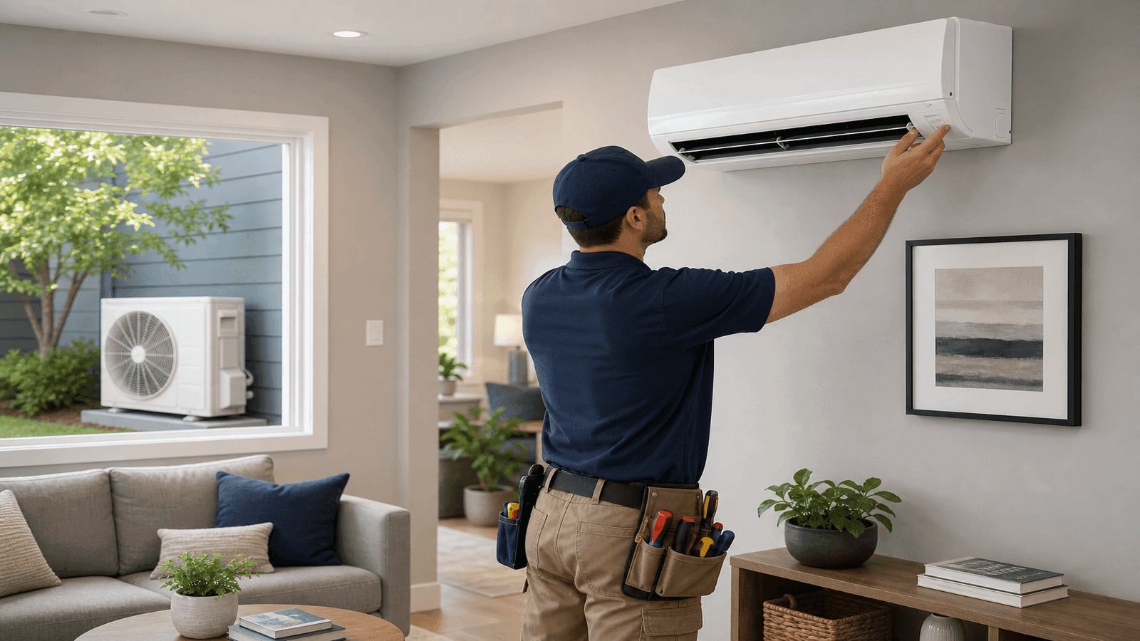 Wide shot of a ductless mini split indoor wall unit mounted in a modern living room with a technician adjusting the unit, outdoor condenser visible through a window in the background