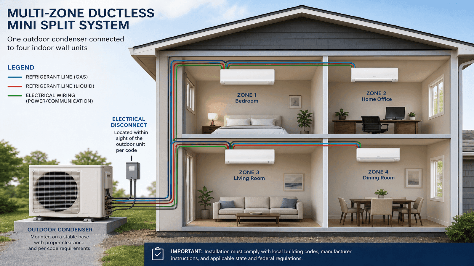 Diagram showing a multi-zone ductless mini split system with one outdoor condenser connected to four indoor wall units in different rooms of a house, line sets and electrical connections labeled