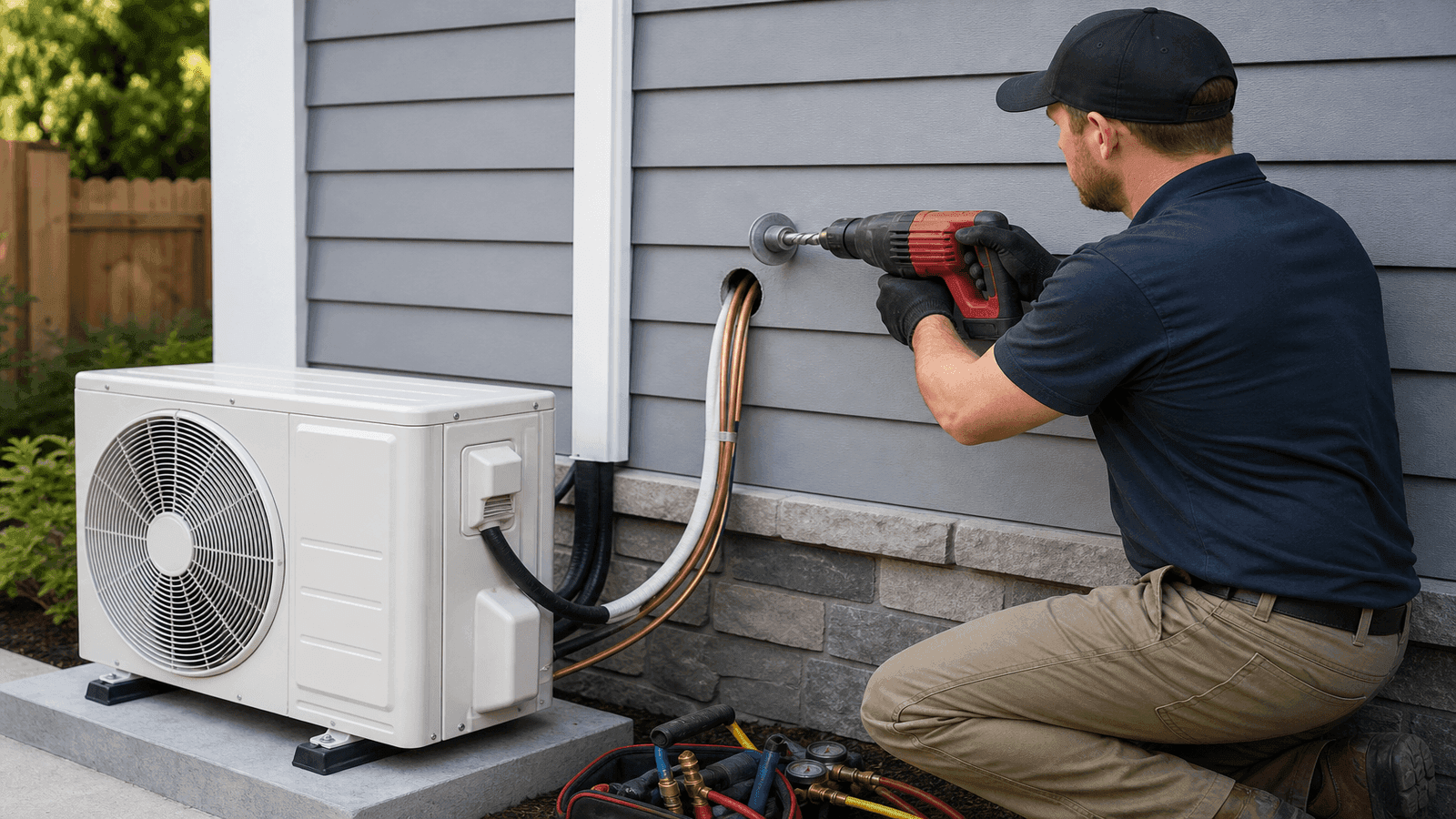 HVAC technician drilling a hole through an exterior wall to route copper line sets for a ductless mini split installation, with outdoor condenser unit staged on a concrete pad below