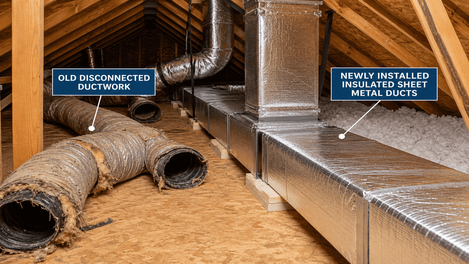 Cutaway view of a residential attic showing old disconnected ductwork next to newly installed insulated sheet metal ducts