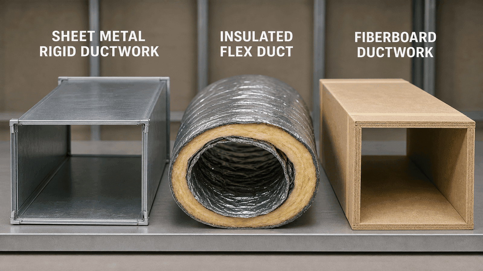 Side-by-side comparison of sheet metal rigid ductwork, insulated flex duct, and fiberboard ductwork sections