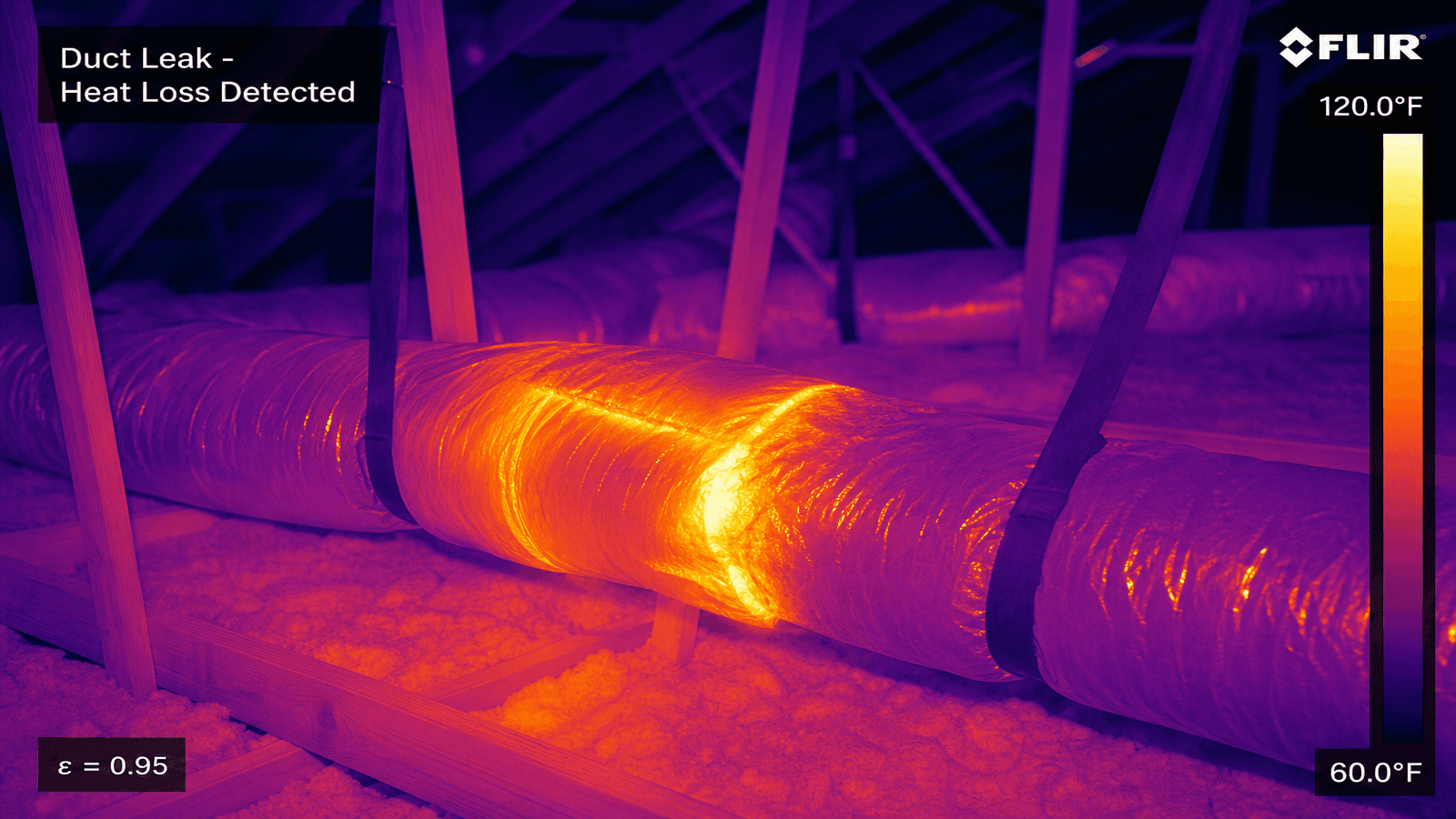 Thermal imaging photo showing heat escaping from leaky ductwork in an unconditioned attic space