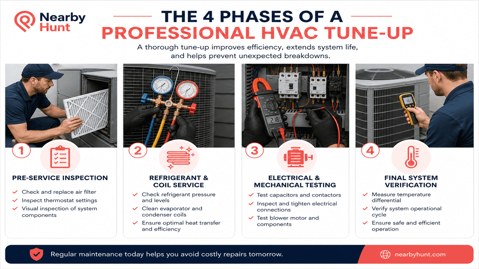 Detailed HVAC maintenance checklist showing the four phases of a professional tune-up inspection