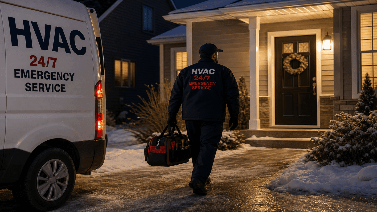 Emergency HVAC technician arriving at a residential home at night during winter with a service van and diagnostic equipment, representing 24/7 emergency HVAC service