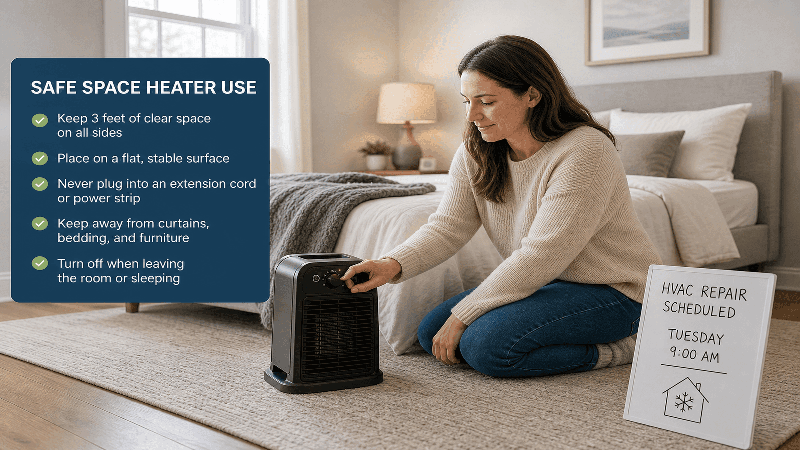 Homeowner using a space heater safely in a bedroom as a temporary measure while waiting for standard-hours HVAC repair, representing bridge strategies