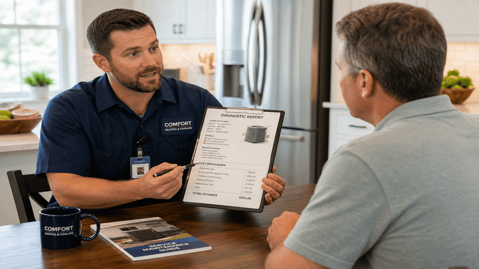 HVAC technician explaining a repair estimate to a homeowner at a kitchen table, with a diagnostic report and cost breakdown visible